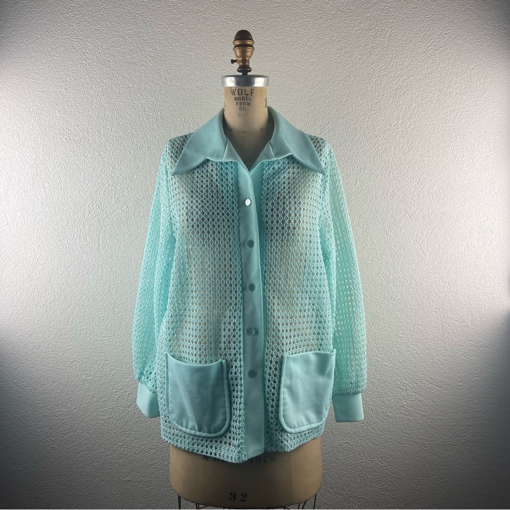 Vintage l 70s L Double Knit Crochet Point Collar Patch Pockets Button Down Shirt